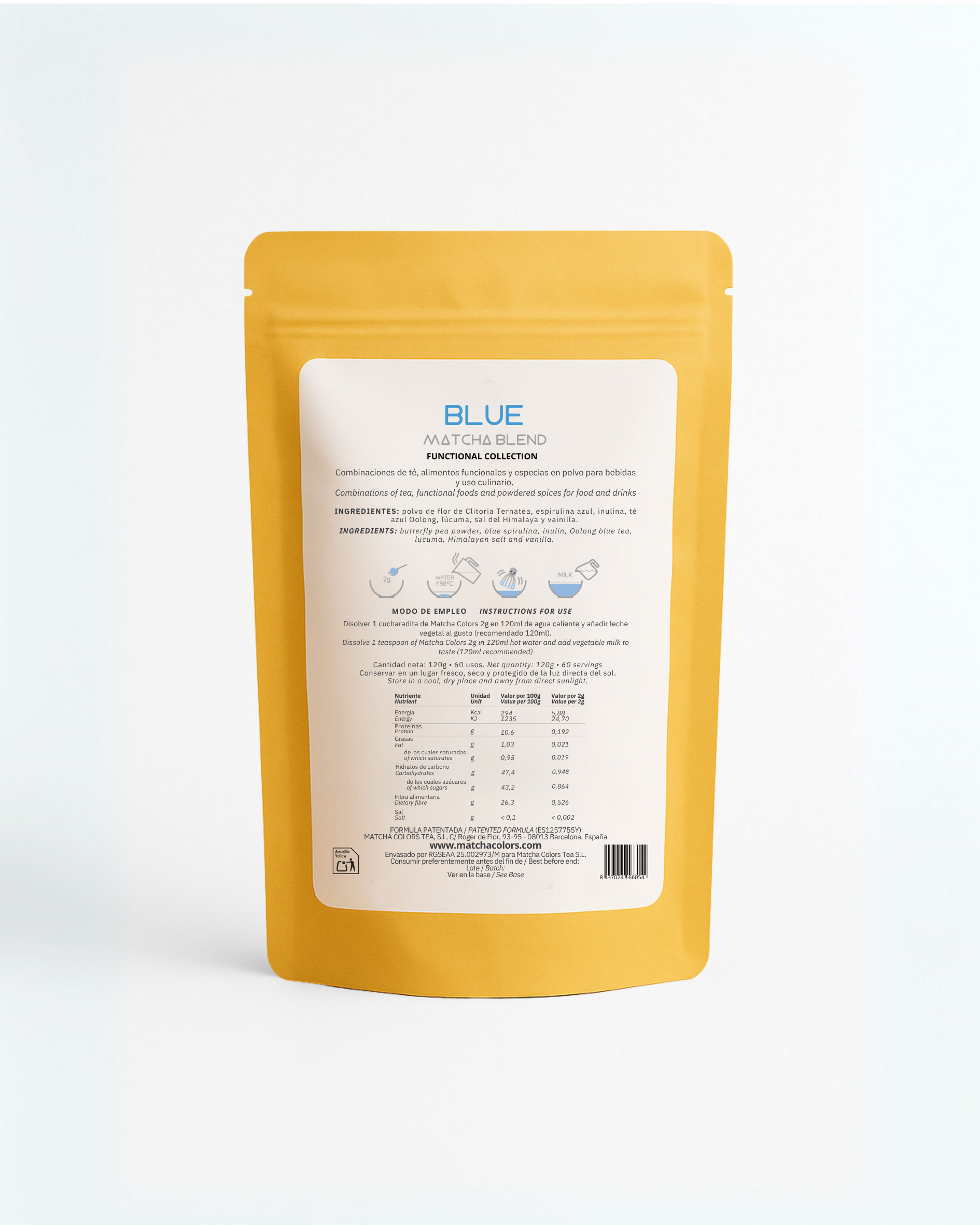 Back of Blue Matcha Blend pouch showing nutritional facts, ingredients, and usage instructions.