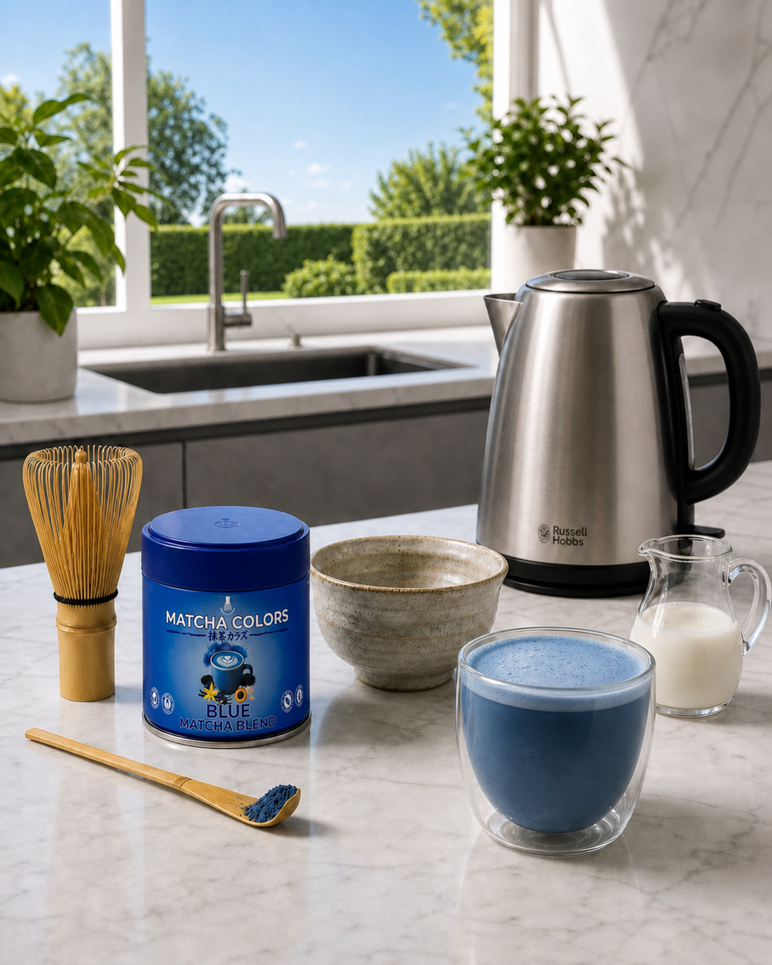 Blue Matcha Blend en la cocina con chasen de bambú y latte azul