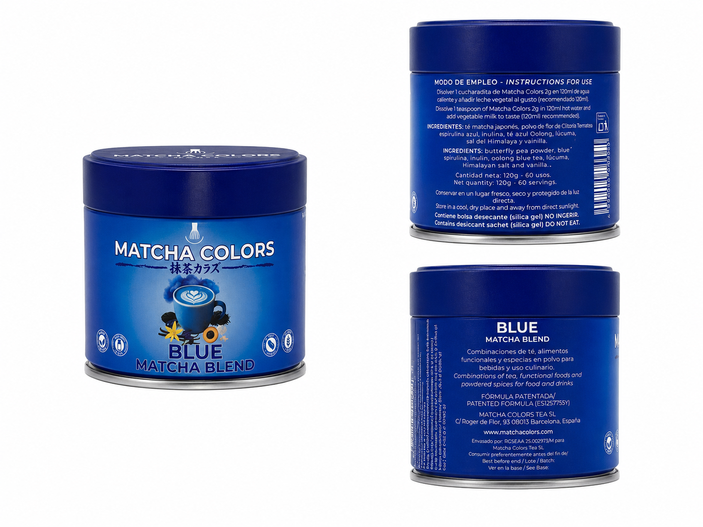 Composición de producto de Blue Matcha Blend: lata y cajas con panel de ingredientes