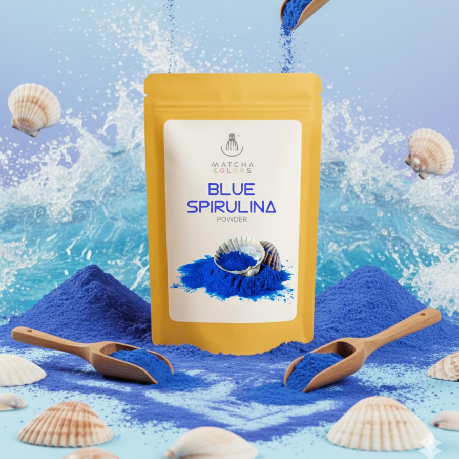 Bolsa de Blue Spirulina Powder pura 100% de Matcha Colors. Polvo azul intenso, superalimento vegano y rico en proteínas. Sin cafeína