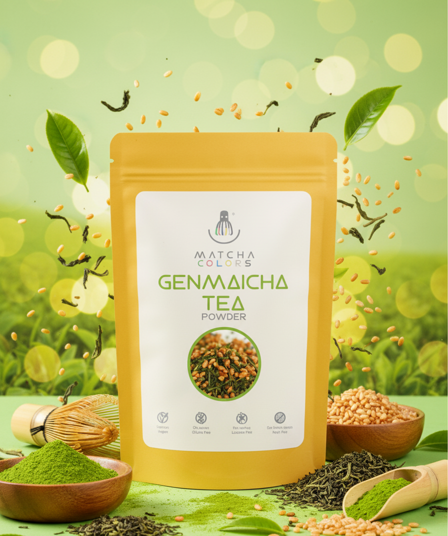 Bolsa de Genmaicha Tea Powder de Matcha Colors. Té verde puro con arroz integral tostado. Sabor a nuez, vegano y sin gluten