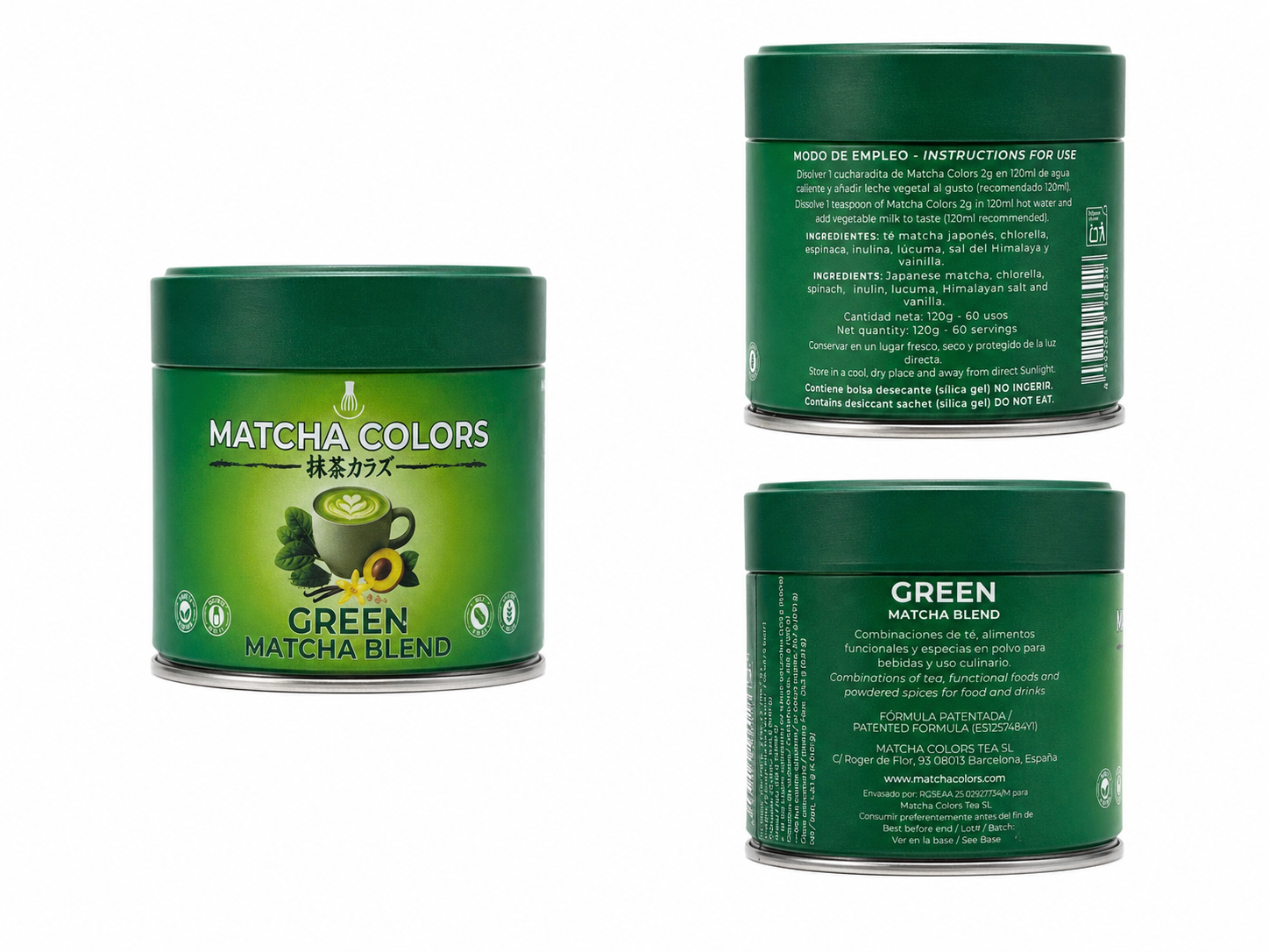 Composición de producto de Green Matcha Blend: lata y cajas con panel de ingredientes
