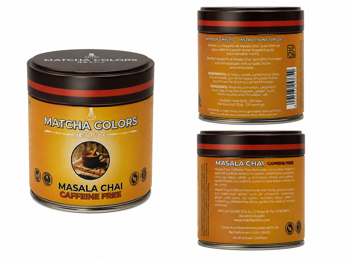 Composición de producto de Masala Chai Caffeine Free: lata y cajas