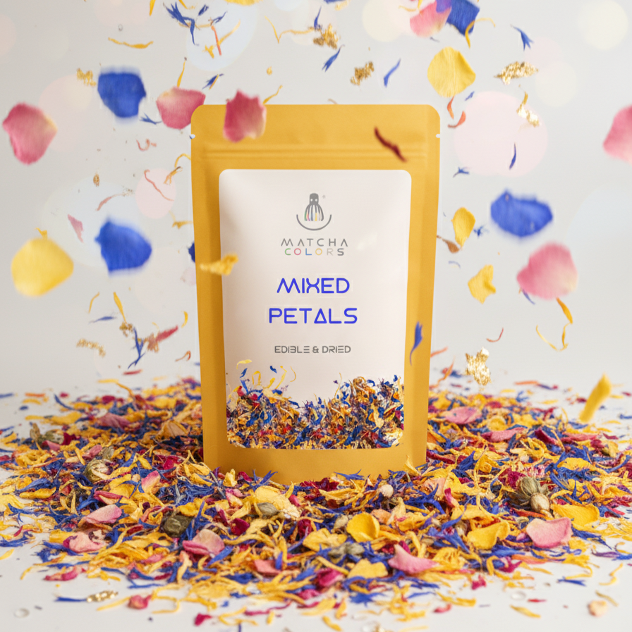 Bolsa de Mixed Petals de Matcha Colors. Pétalos comestibles y secos de colores, ideales para decorar bebidas y repostería. Vegano