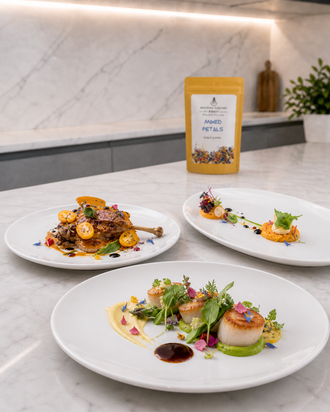 Platos de alta gastronomía decorados con pétalos comestibles — hostelería