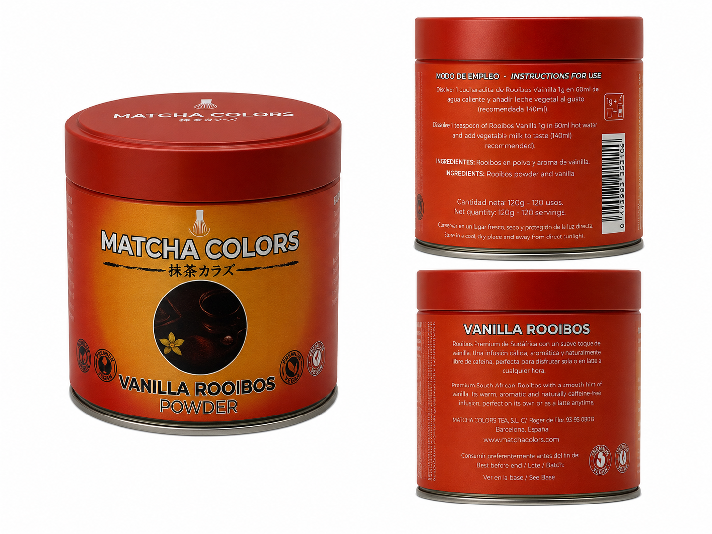 Composición de producto de Rooibos Vanilla: lata y cajas con panel de ingredientes