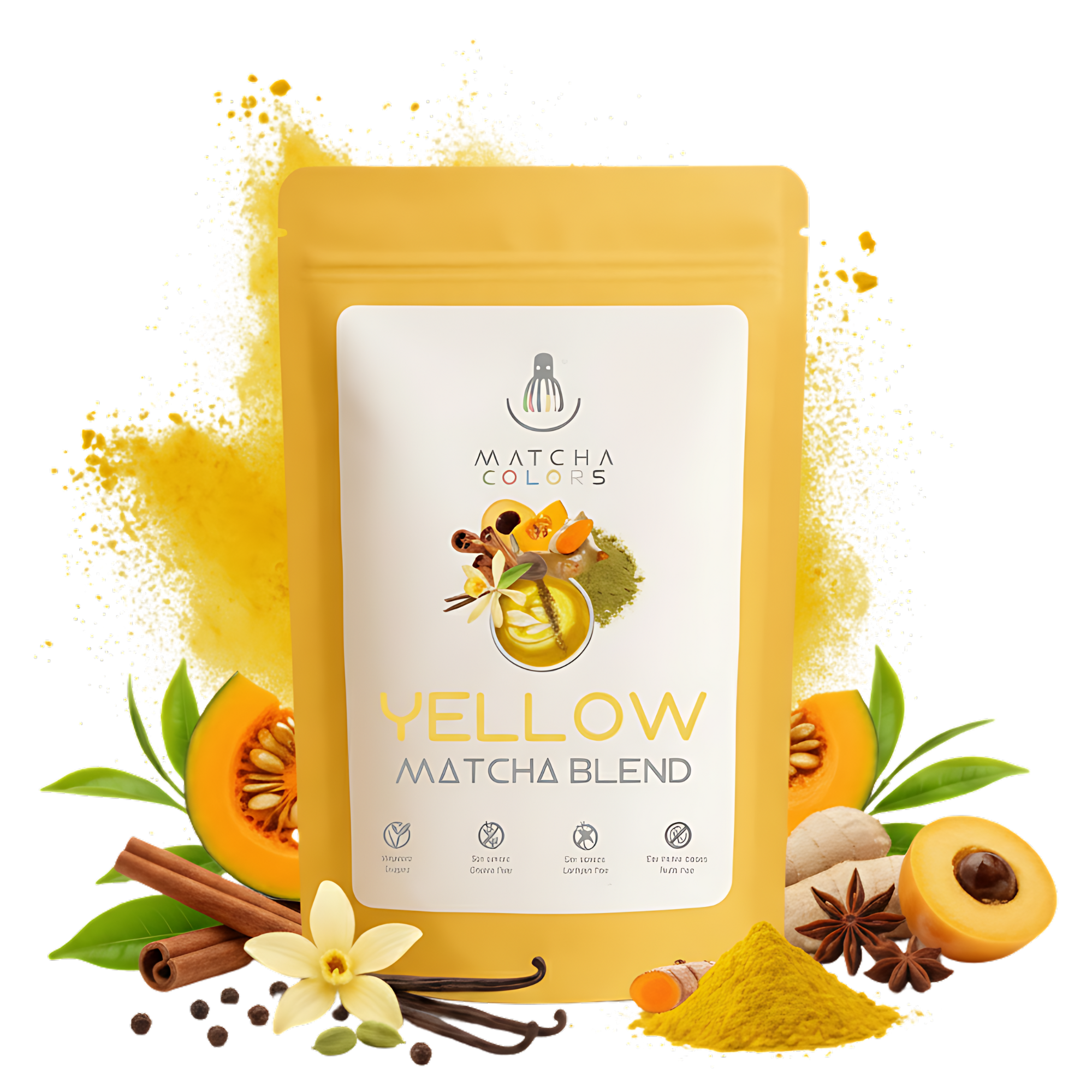 Yellow Matcha Blend de cúrcuma. Ideal para Golden Latte. Contiene canela, vainilla y calabaza. Vegano.