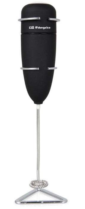 Batidor de leche eléctrico Orbegozo de color negro. Espumador portátil para café, matcha, lattes y capuccinos. Con base de soporte cromada