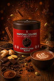 Bodegón cálido de Choco Chai Blend con canela, chocolate, especias y latte chai