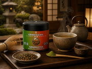 Latas de Genmaicha Premium en una sala japonesa con vistas al jardín