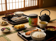 Lata de Genmaicha Matcha Premium en un desayuno tradicional japonés sobre tatami, con tetera de hierro y té - campaña IA