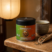 Lata de Genmaicha Matcha Premium sobre el mostrador de madera de una casa de té japonesa, con taza humeante y cucharón de arroz tostado - campaña IA