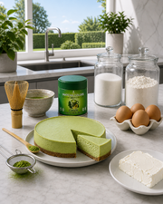 Tarta de matcha verde con la lata de Green Matcha Blend en la cocina