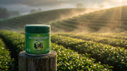 Lata de Green Matcha Blend de Matcha Colors sobre un poste de madera frente a campos de té japoneses al amanecer entre la niebla - campaña IA