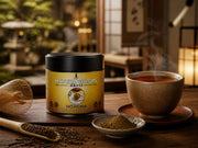 Bodegón nocturno de Hojicha Premium: taza de té tostado con luz cálida y jardín