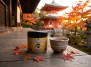 Lata de Hojicha Matcha Premium de Matcha Colors en la terraza de madera de un templo de Kioto en otoño, con hojas de arce y una taza de té tostado - campaña IA
