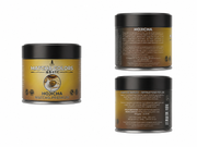 Composición de producto de Hojicha Premium: lata y cajas con panel de ingredientes