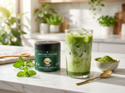 Lata de Japanese Matcha Premium con latte helado de matcha en cocina luminosa con menta - campaña IA
