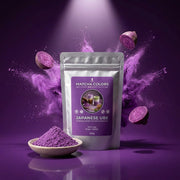 Hero de campaña de Japanese Ube: doypack con explosión de color sobre fondo de marca - imagen firma IA