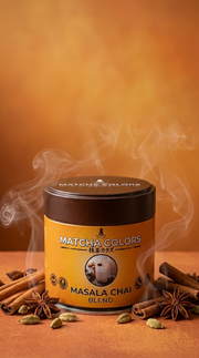 Póster vertical de Masala Chai Blend de Matcha Colors con especias, vapor y fondo ámbar especiado - campaña IA