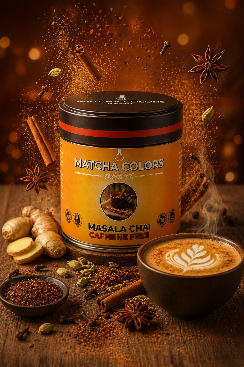 Bodegón cálido de Masala Chai Caffeine Free con especias, jengibre y latte chai