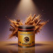 Hero de campaña de Masala Chai Caffeine Free: lata con explosión de color sobre fondo de marca - imagen firma IA