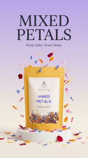 Poster vertical de Mixed Petals de Matcha Colors con lluvia de petalos de colores y el lema Pure Color Pure Taste - campaña IA
