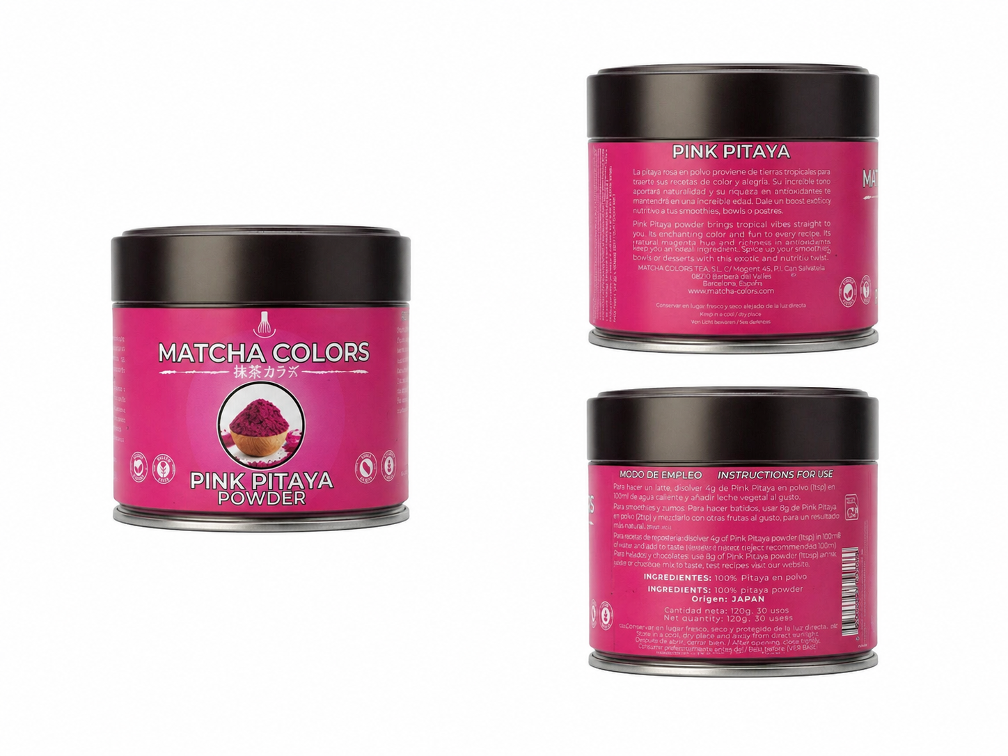 Composición de producto de Pink Pitaya Powder: lata y cajas