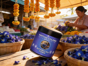 Lata de Butterfly Pea Flower entre cestas de flores azules de clitoria en un mercado tailandés - campaña IA