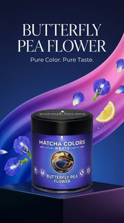 Póster vertical de Butterfly Pea Flower con degradado de azul a rosa, flores de clitoria, limón y el lema Pure Color. Pure Taste. - campaña IA