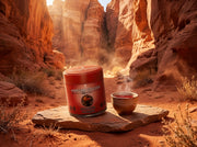 Lata de Rooibos Powder de Matcha Colors sobre una losa de piedra en un cañón de rocas rojas con luz cálida - campaña IA