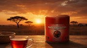 Lata de Rooibos Powder de Matcha Colors en una mesa de lodge con té rooibos al atardecer en la sabana africana con acacias - campaña IA