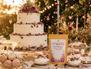 Doypack de Rose Petals de Matcha Colors en una mesa de postres de boda con lluvia de petalos - campaña IA