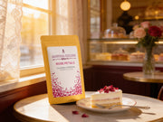 Doypack de Rose Petals de Matcha Colors junto a una porcion de tarta con petalos de rosa en una pasteleria romantica - campaña IA
