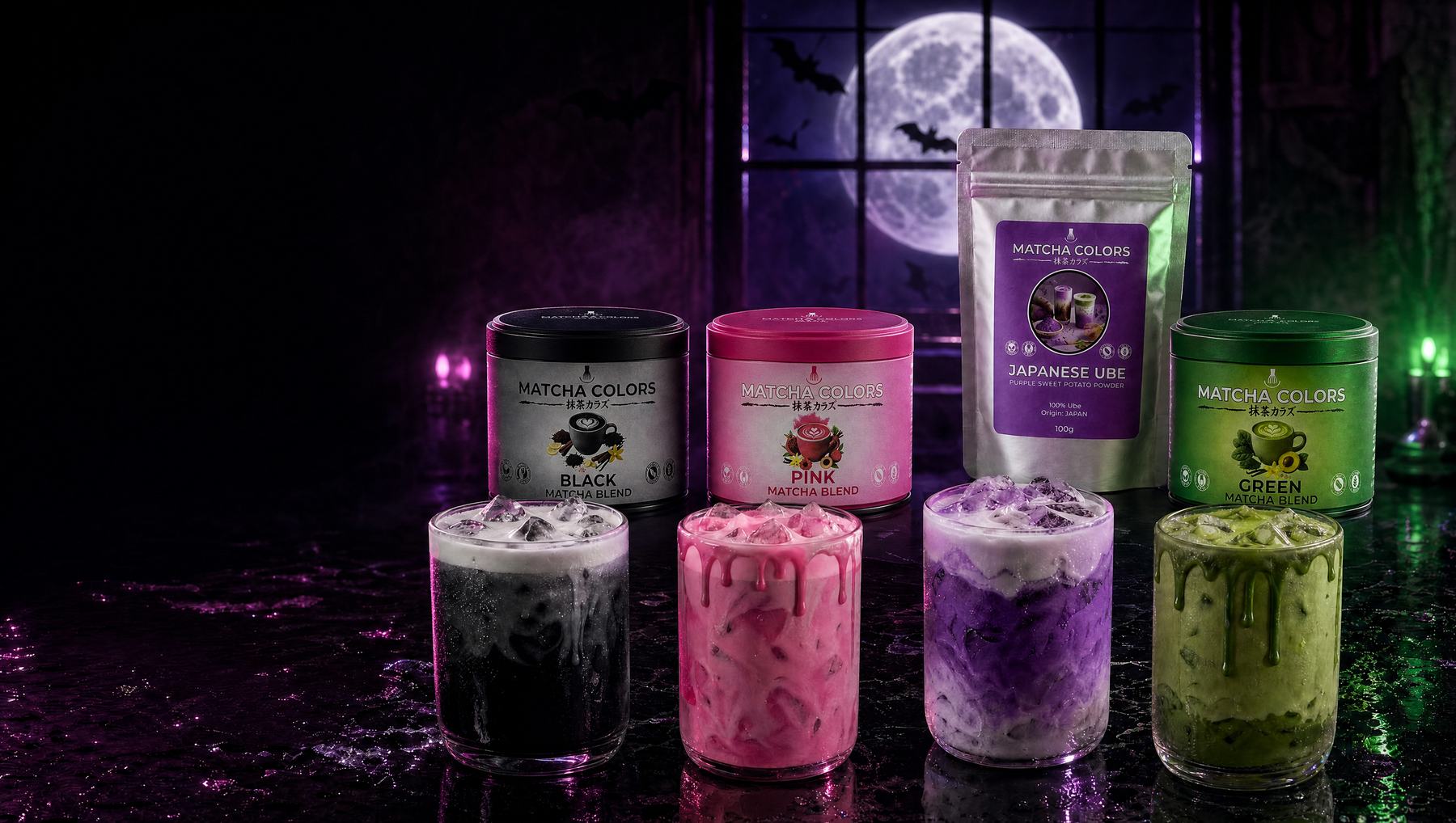Black, Pink, Green Matcha Blend y Japanese Ube con sus bebidas en una barra de noche